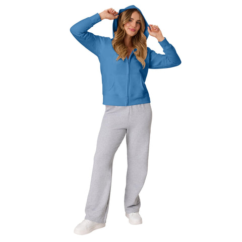 Woman wearing blue EcoSmart Fleece Zip Up Hoodie For Women Mid Weight Plush Cozy Hooded Sweatshirt Made From American Farm Cotton