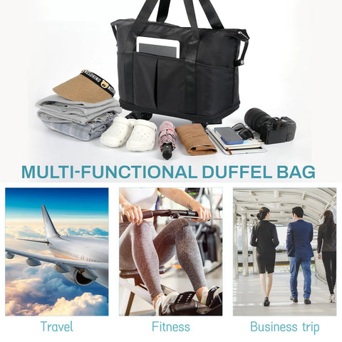 VOOWO black rolling duffle bag with wheels and front pockets, shown with clothing, shoes, and camera gear.