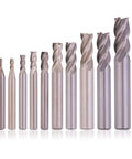Ten-piece HSS CNC end mill set with straight 4-flute cutters for wood and metals