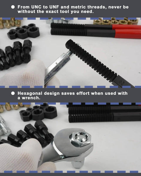 51 Piece Thread Repair Kit With Taps, Dies, Files And Gauges For UNC, UNF And Metric Threads used with wrench and hex design