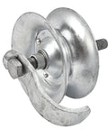 Pipe track roller, 5-inch galvanized steel for 1-5/8-inch pipe track; close-up.