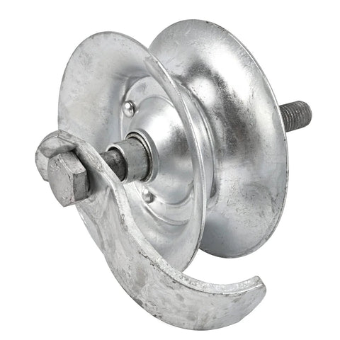Pipe track roller, 5-inch galvanized steel for 1-5/8-inch pipe track; close-up.