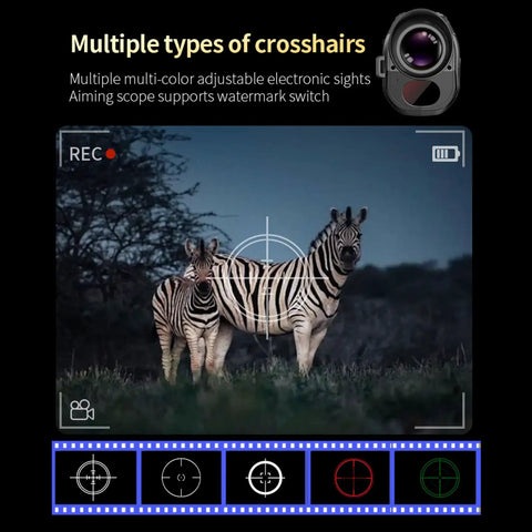 Thermal Imaging Monocular Night Vision Telescope With 64MP 28X Zoom capturing zebras at night, multiple crosshair options visible.