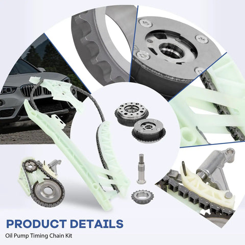 Collage of BMW N20 N26 Engine Oil Pump And Timing Chain Kit With 2 VVT Gears And Camshaft Alignment Tool components
