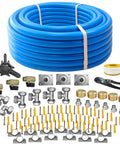 All In One Complete Three Quarter Inch Shop Air Line Kit With 200 Foot HDPE Tubing And Aluminum Rapid Air System Includes Right Angle Fittings Tee Fittings Brass Valves L Fitting Tubing Cutter Clips And Tape shown with accessories including fittings, valves, cutter, and clips.