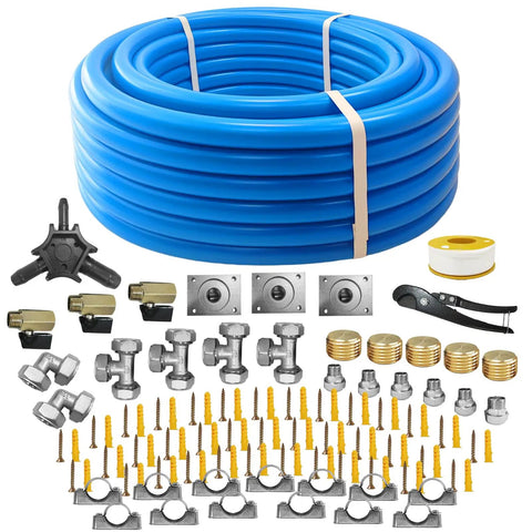 All In One Complete Three Quarter Inch Shop Air Line Kit With 200 Foot HDPE Tubing And Aluminum Rapid Air System Includes Right Angle Fittings Tee Fittings Brass Valves L Fitting Tubing Cutter Clips And Tape shown with accessories including fittings, valves, cutter, and clips.