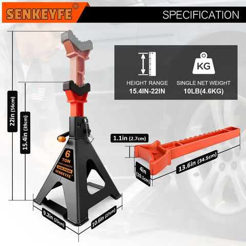 Heavy Duty 6 Ton Jack Stands With Crossbars For Cars And Trucks Featuring Double Pin Locking Mechanism and Protective Rubber Tops, Height 15.4-22 inches.