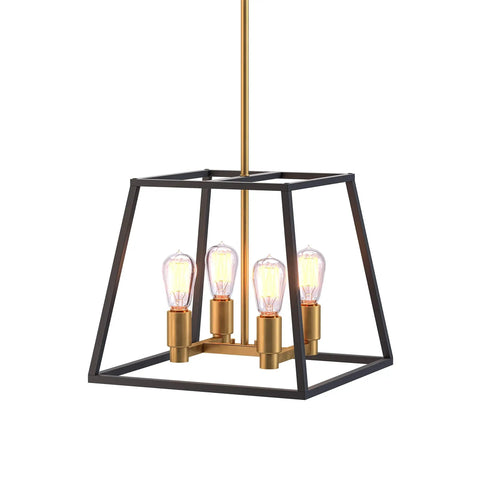 Carter Square 4 Light Pendant Light Fixture in steel with black and gold finish, fully dimmable with adjustable rods, four bulbs visible.