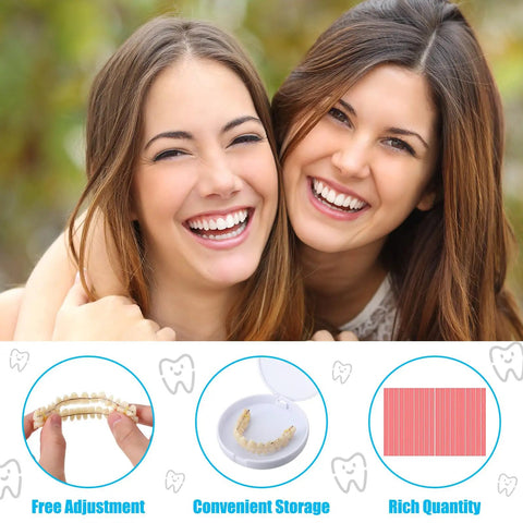 Two smiling women indicating confidence from using DIY Denture Repair Kit For Fake Teeth 35 Piece Set With Dental Tools.