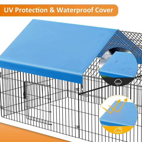 Heavy Duty Metal Chicken Coop With Cover, 86 By 40 By 39 Inches, highlighting blue UV protection and waterproof cover detail