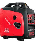 2500 Watt Portable Inverter Generator With 79.8cc OHV Engine Ultra Quiet 5.5 Hour Runtime 1900 Running Watts Built For Camping RV Life Home Power Outages And Outdoor Emergencies, red and black casing, side view