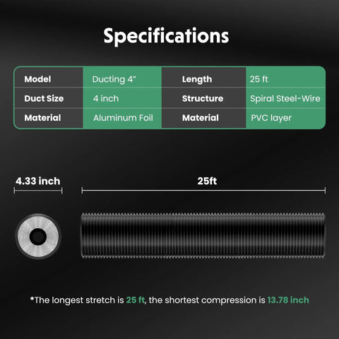 Specifications of Flexible 4 Inch Dryer Vent Hose 25 Ft Insulated Duct With Steel Wire Helix, showing dimensions and materials.