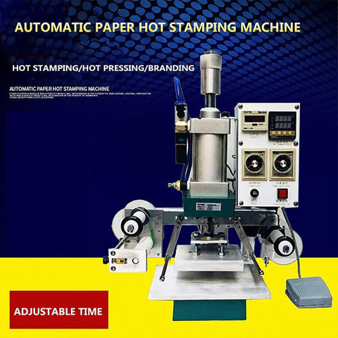 Fully Automatic Hot Stamp And Debossing Press For PVC Cards Leather Wood Paper Digital Screen, showcasing settings and foot pedal.