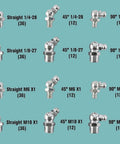 Various types of grease fittings from the Grease Fittings Kit, 240-Piece SAE And Metric Zerk Fittings Set, including straight, 45, and 90 degrees.