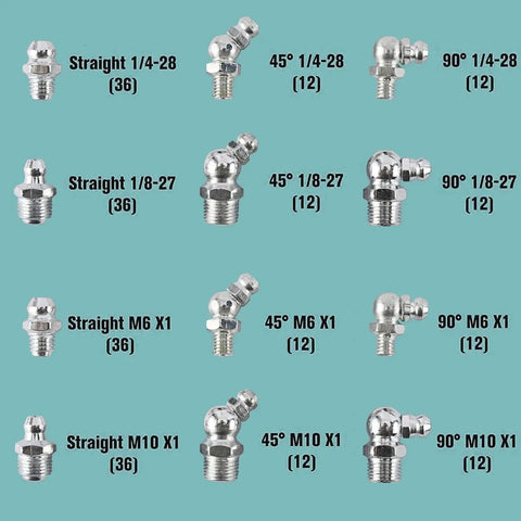 Various types of grease fittings from the Grease Fittings Kit, 240-Piece SAE And Metric Zerk Fittings Set, including straight, 45, and 90 degrees.