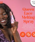 Model holding Lace Melting Spray for Wigs 4.2 Oz, extra hold, no residue, creating seamless hairline melt after glue application.