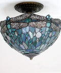 Sea Blue Tiffany Style Dragonfly Ceiling Light Fixture, Stained Glass Semi Flush Mount Lamp, 12 Inch Shade