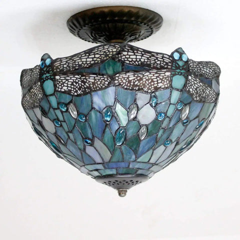Sea Blue Tiffany Style Dragonfly Ceiling Light Fixture, Stained Glass Semi Flush Mount Lamp, 12 Inch Shade