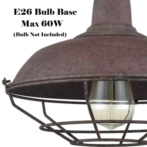 Close-up of Straight Up Rustic Charm All Metal Barn Style Semi Flush Mount Ceiling Light, E26 bulb base, rust finish.