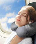 Woman using U Shaped Travel Neck Pillow For Airplanes Trains And Cars Comfortable Head And Neck Support Ergonomic Design Reduces Fatigue