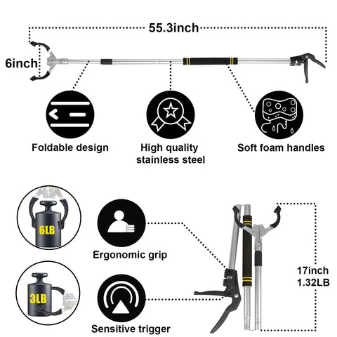 55 Inch Extra Long Reacher Tool For Trash Cleanup Beefy Heavy Duty Stainless Steel Reacher With Non Slip 6 Inch Wide Jaws Foldable Pick Up Stick Claw Reach Tool For Easy Lifting And Reaching