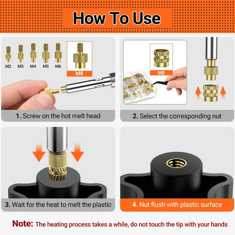 Instructional guide on using 60W Soldering Iron Pro Grade Heat Set Insert Tip Kit With 350 Thread Inserts for plastic materials