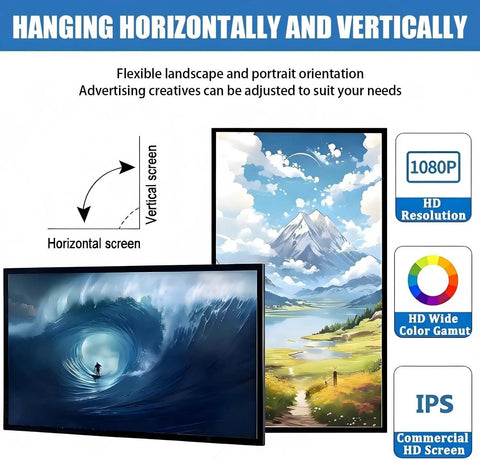 Slick 27 Inch Commercial Digital Signage Display With Plug And Play Android Built In Media Player For Wall Mounted Menu Boards showing flexible landscape and portrait orientations.