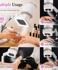 Professional Nail Dust Collector With Universal Table Mount And Tilt Adjustable Arm, Packs Heavy Duty Suction Pull Plus Bright Illumination in use for gel removal.
