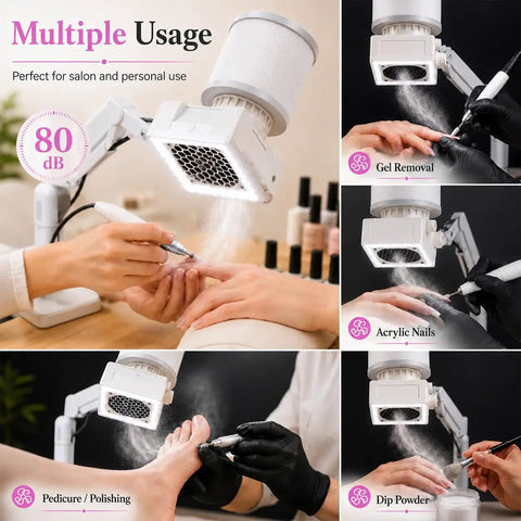 Professional Nail Dust Collector With Universal Table Mount And Tilt Adjustable Arm, Packs Heavy Duty Suction Pull Plus Bright Illumination in use for gel removal.