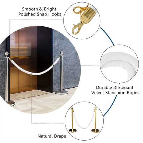 Lux Velvet Stanchion Rope White With Gold Hooks Five Foot Crowd Control Barrier for VIP parties and event decor detail