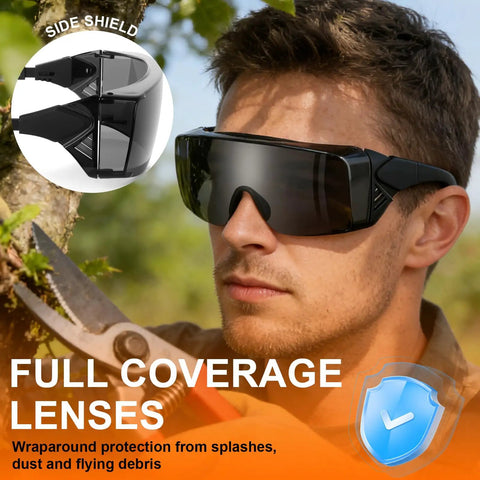 No Sweat Anti Fog Safety Glasses With ANSI Z87 Toughened Lenses UV400 Anti Scratch Side Shields And Quick Adjust Temples For Daily Jobsite Heavy Lifters In A Reliable Three Pack Gray Kit worn outdoors, showcasing full coverage lenses and side shield protection.