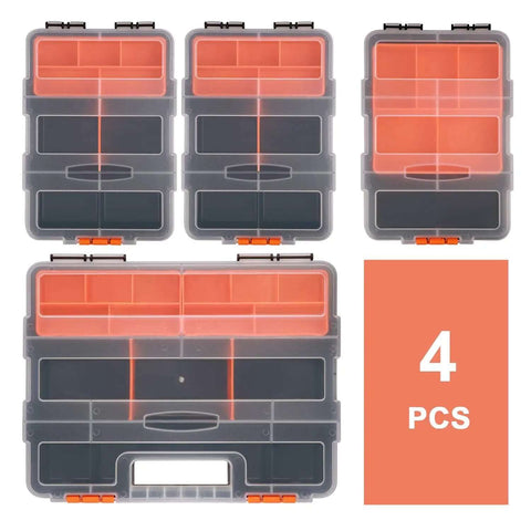 Four Piece Hardware And Parts Organizer Set For Toolbox Storage Ready To Roll With Versatile Small Parts Compartments Durable Multi Size Organizer Boxes For Home Garage And Workshop shown in various sizes