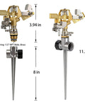 Two Pack Heavy Duty Brass Impact Sprinklers On Spike Base With Aluminum Alloy Stand Adjustable 360 Degree Coverage For Yard Lawn Patio Garden Irrigation