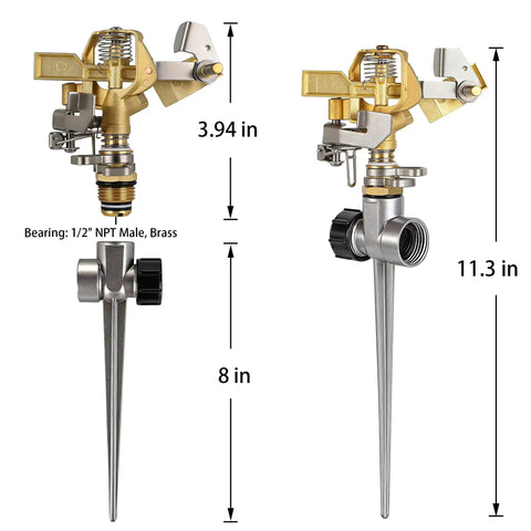 Two Pack Heavy Duty Brass Impact Sprinklers On Spike Base With Aluminum Alloy Stand Adjustable 360 Degree Coverage For Yard Lawn Patio Garden Irrigation
