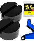 Set of two Slotted Rubber Jack Pads For Pro Grade Lifts with packaging, blue hydraulic jack, 2.8 inch diameter.