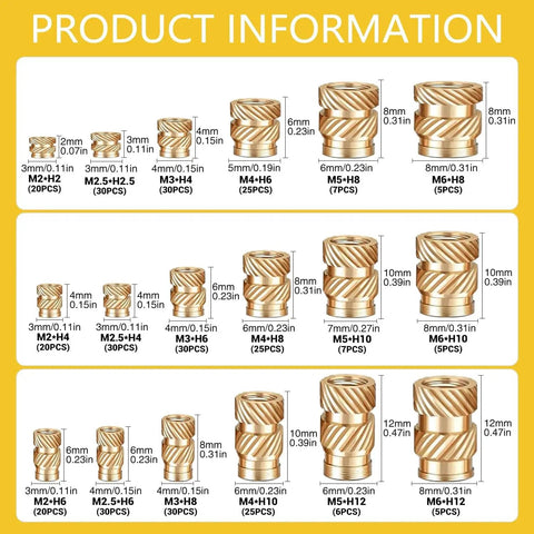 Brass Heat Set Threaded Inserts Kit For Plastic And 3D Printing, 350 Pcs M2 To M6 Female Knurled Nuts With Metric Threads