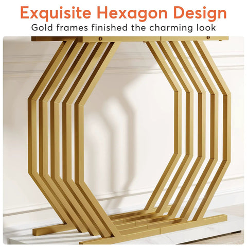 Gold Console Table With Faux Marble Top And Geometric Metal Base A 40 Inch Modern Entryway Table For Your Living Room Hallway Or Foyer White And Gold Dope Finish That Elevates Any Space hexagon design