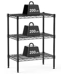 Three-Tier Metal Wire Storage Shelves For Kitchen Garage And Pantry, Adjustable Standing Rack with weights, Black