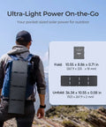 Hiker with Ultra Light 30W Portable Solar Panel Charger With USB C And USB A Ports, unfolded on backpack, in mountains