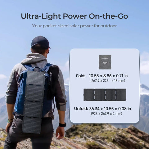 Hiker with Ultra Light 30W Portable Solar Panel Charger With USB C And USB A Ports, unfolded on backpack, in mountains