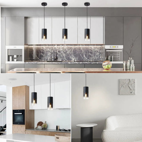 Two Pack Adjustable Black Gradient Glass Pendant Lights With Matte Black Finish in modern kitchen and living room settings