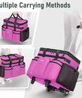 Person using Cleaning Caddy With Wheels, Extra Large 39L Rolling Organizer Bag With Detachable Trolley, pink color