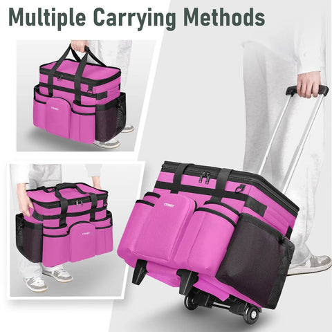 Person using Cleaning Caddy With Wheels, Extra Large 39L Rolling Organizer Bag With Detachable Trolley, pink color