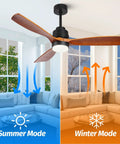 Wood Ceiling Fan With Light Energy Saving 52 Inch DC Motor Ultra Quiet 3 Blades 6 Speeds, summer and winter modes, indoors