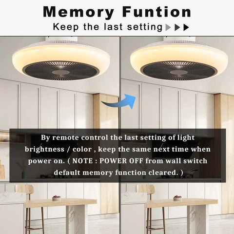 Bladeless 18 Inch Ceiling Fan With Light, Remote, Flush Mount Low Profile, shown in kitchen setting with memory function display.