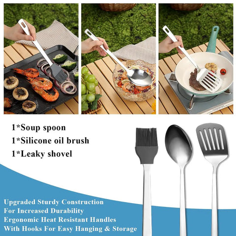 All In One Outdoor Camp Kitchen Gear, 15 Piece Camping Cookware And Utensil Set with soup spoon, oil brush, leaky shovel