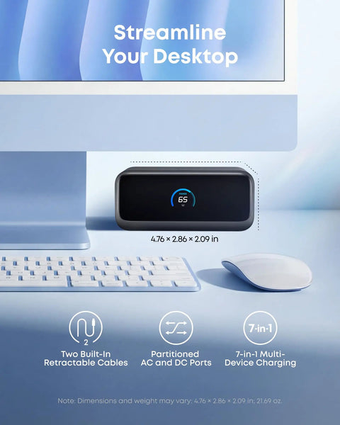 7 In 1 Desk Charging Station with 100W USB C Power Hub next to computer, showing built-in retractable cables and ports.