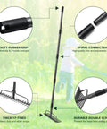 63 Inch Bow Rake Heavy Duty Garden Rake with Stainless Steel Handle and Metal Head showcasing features like rubber grip and 17-tines.