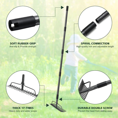 63 Inch Bow Rake Heavy Duty Garden Rake with Stainless Steel Handle and Metal Head showcasing features like rubber grip and 17-tines.