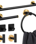 7-Piece Bathroom Hardware Set In 304 Stainless Steel With Black Gold Finish, 16-Inch Towel Bar And Towel Rack, Wall Mounted Bath Accessory Kit Including 4 Robe Hooks, Toilet Paper Holder And Towel Ring, Modern Durable And Easy Install displayed in image